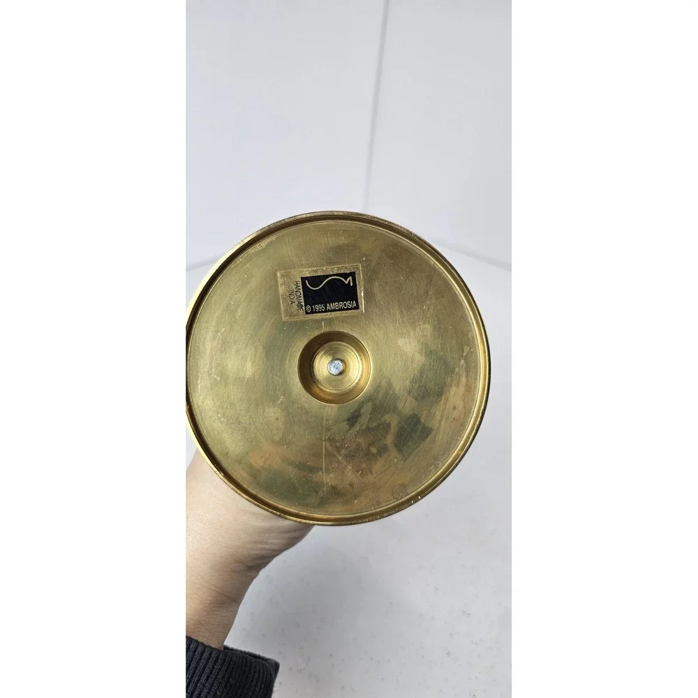 Vintage Ambrosia‎ Brass & Green Candle Holder Modernist MCM Made In India 1995